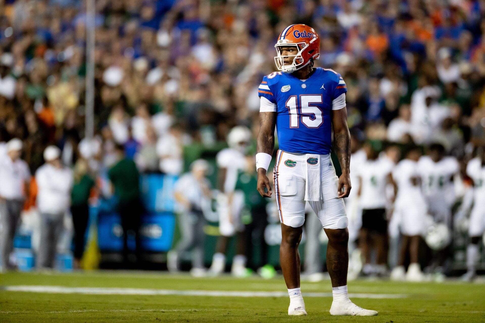 Anthony Richardson (15) waits for a play call during the first half against the South Florida Bulls.