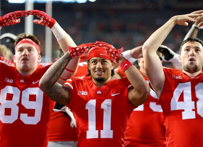 Ohio State Buckeyes wide receiver Jaxon Smith-Njigba (11) celebrates the win against the Toledo Rockets at Ohio Stadium