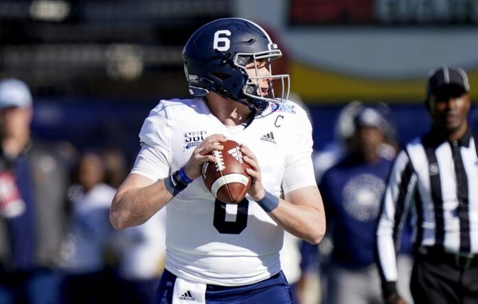 Georgia Southern Eagles quarterback Kyle Vantrease (6) drops back to pass against the Buffalo Bulls.