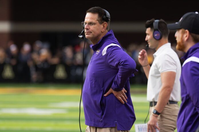 James Madison Dukes head coach Curt Cignetti watches the fourth quarter action against Appalachian State.