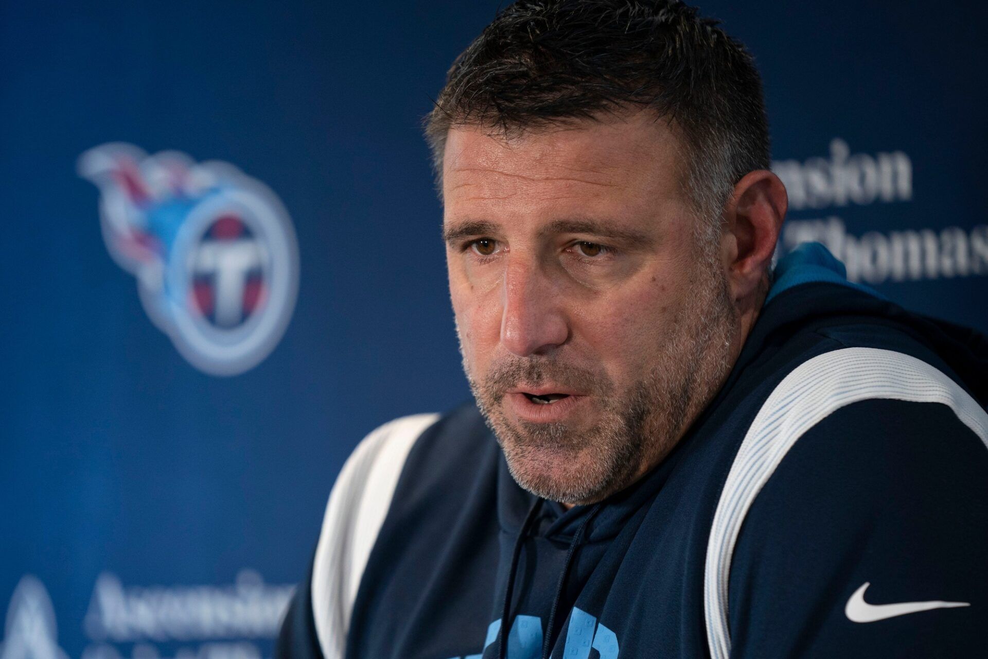 Mike Vrabel responds to questions from reporters at Saint Thomas Sports Park.