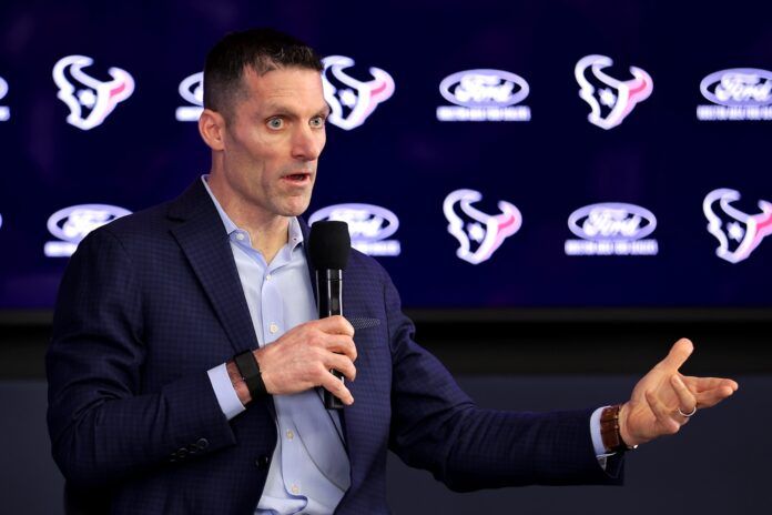 Houston Texans general manager Nick Caserio speaks to the media at a press conference.