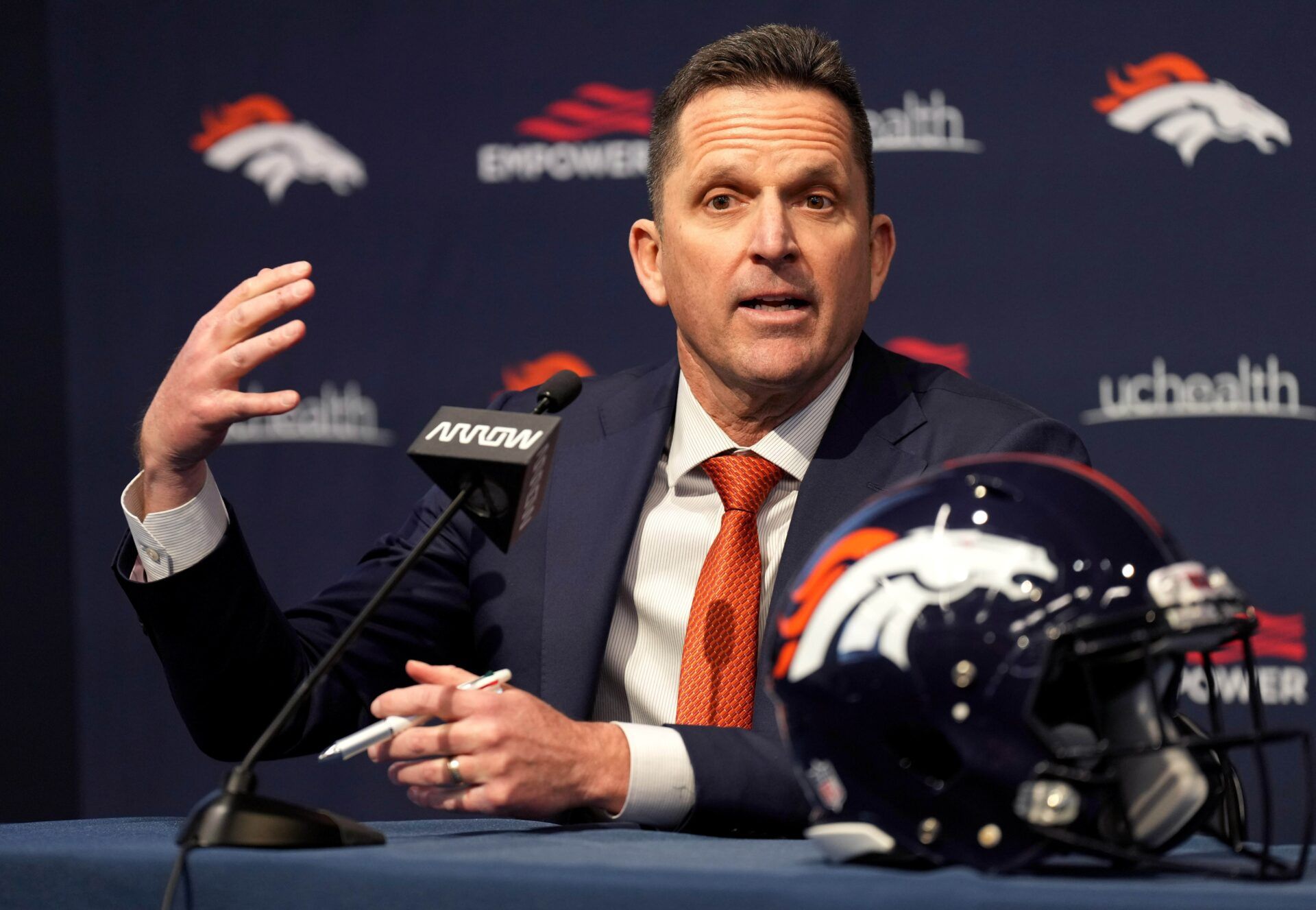 George Paton speaks during a press conference at the UCHealth Training Center.