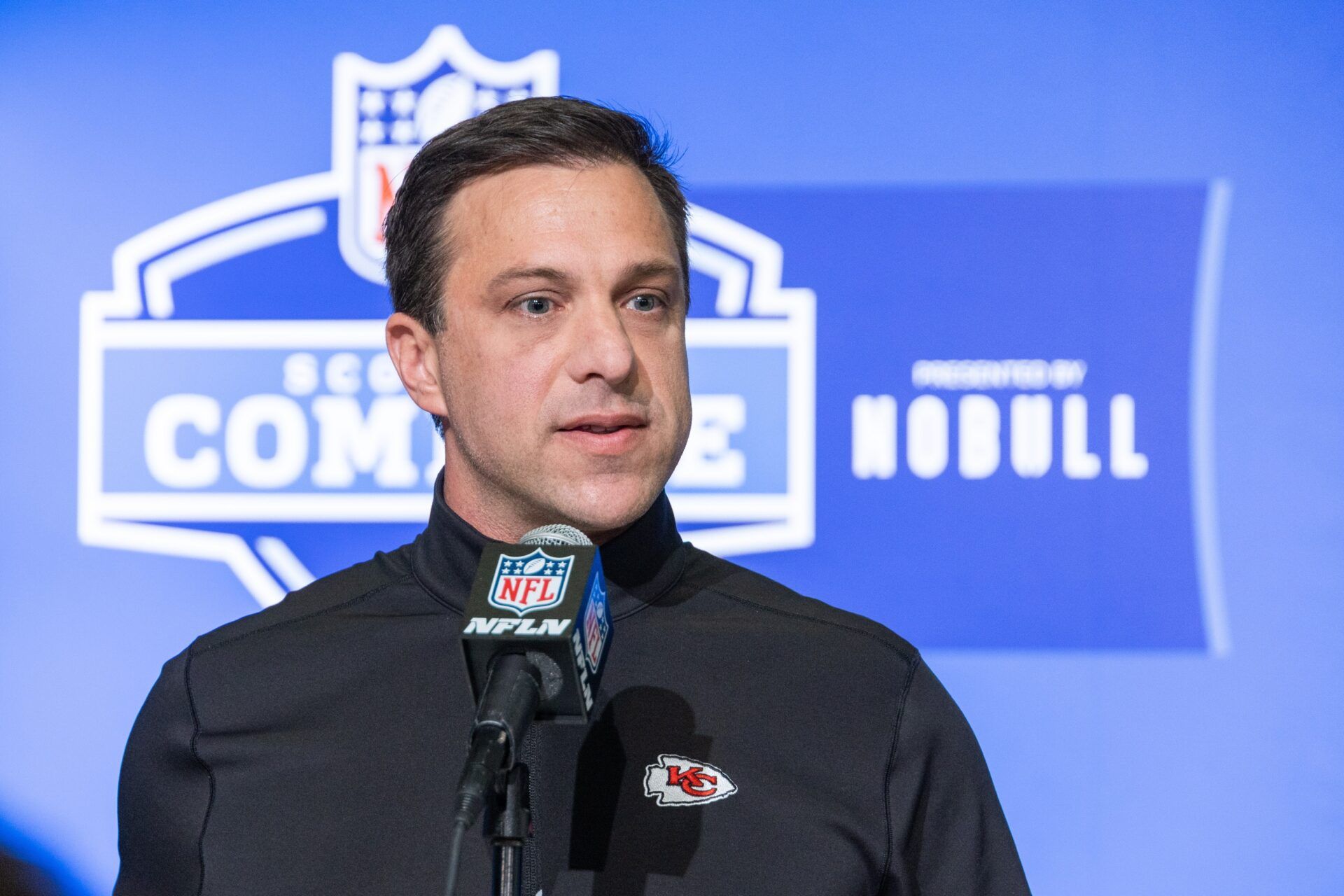 Brett Veach speaks to the press at the NFL Combine at Lucas Oil Stadium.