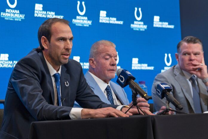 Along with GM Chris Ballard and owner Jim Irsay, Shane Steichen is introduced as the new head coach of the Indianapolis Colts.