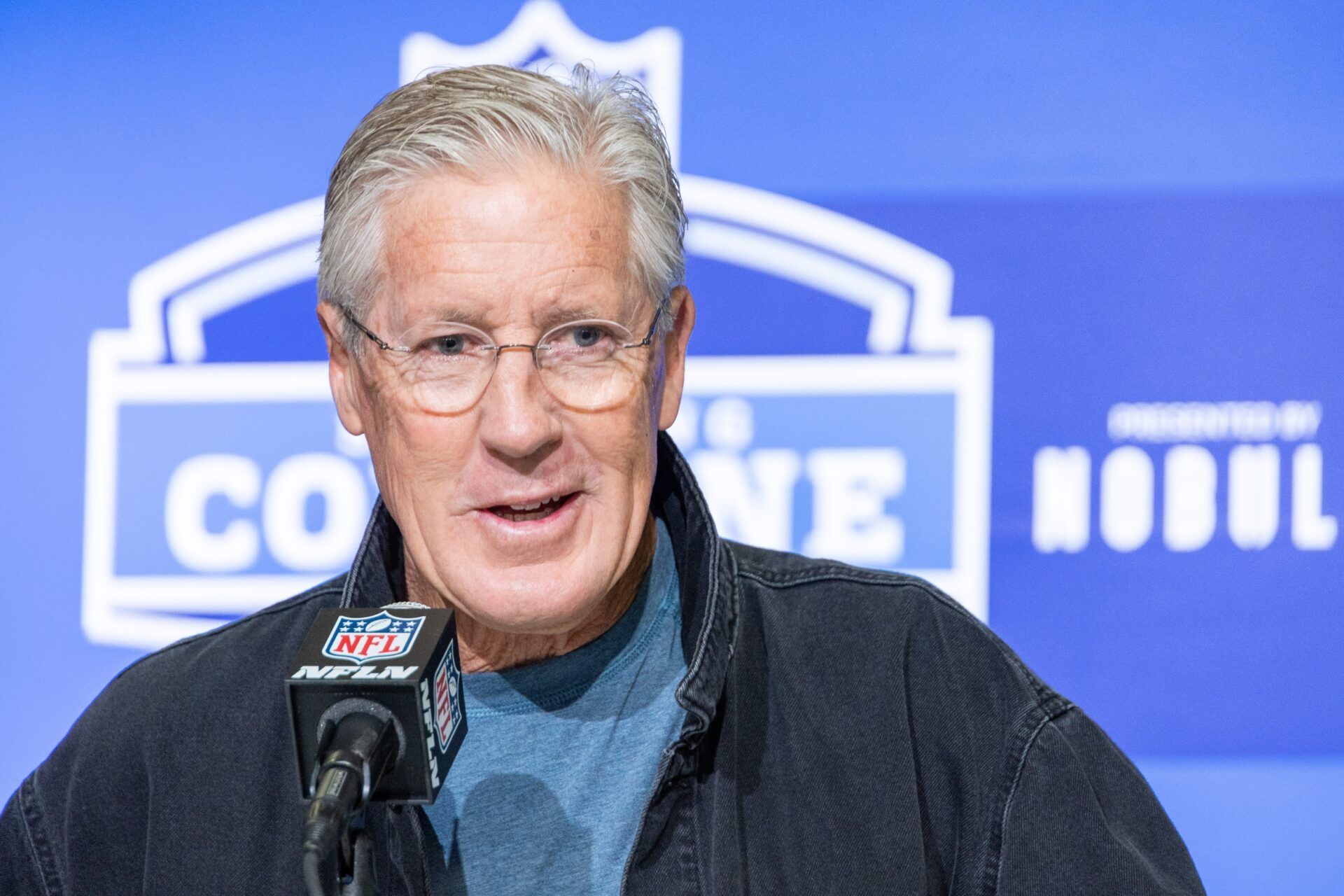 Seattle Seahawks head coach Pete Carroll takes questions at the NFL Scouting Combine.