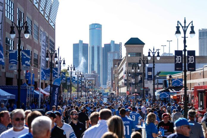 Detroit Lions fans tailgate outside of the Ford Field in downtown Detroit.