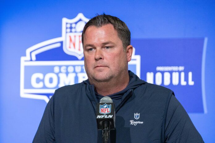 Scott Fitterer speaks to the press at the NFL Combine at Lucas Oil Stadium.