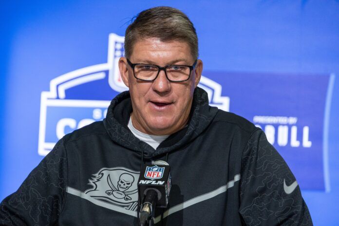 Jason Licht speaks to the press at the NFL Combine at Lucas Oil Stadium.