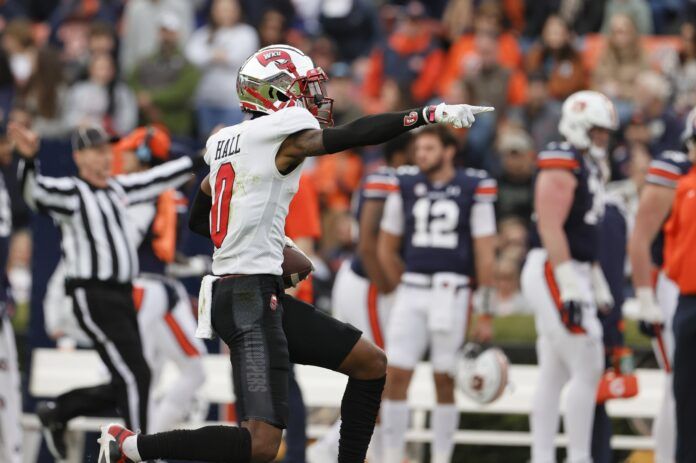 Western Kentucky WR Jaylen Hall celebrates during a game vs. Auburn.