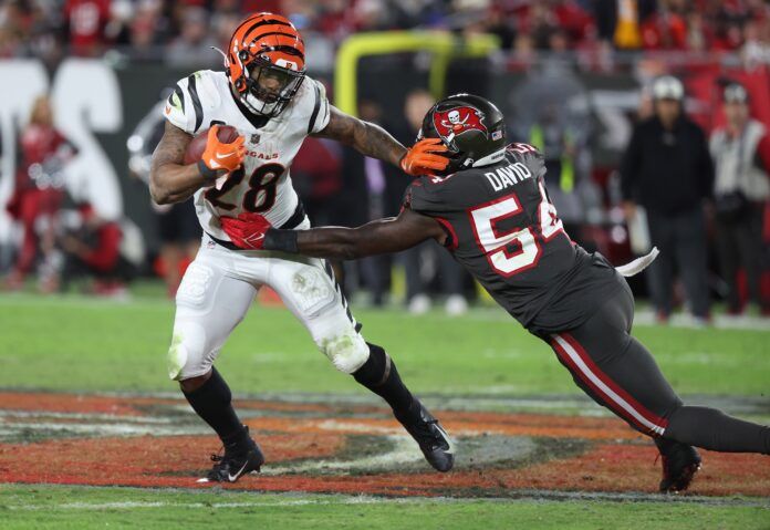 Cincinnati Bengals RB Joe Mixon (28) stiff arms Tampa Bay Buccaneers LB Lavonte David (54).