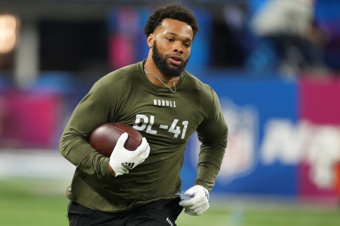 Caleb Murphy (DL41) participates in drills during the NFL Combine at Lucas Oil Stadium.