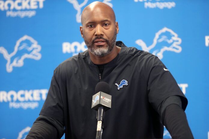 Detroit Lions GM Brad Holmes speaks to the media in January 2022.