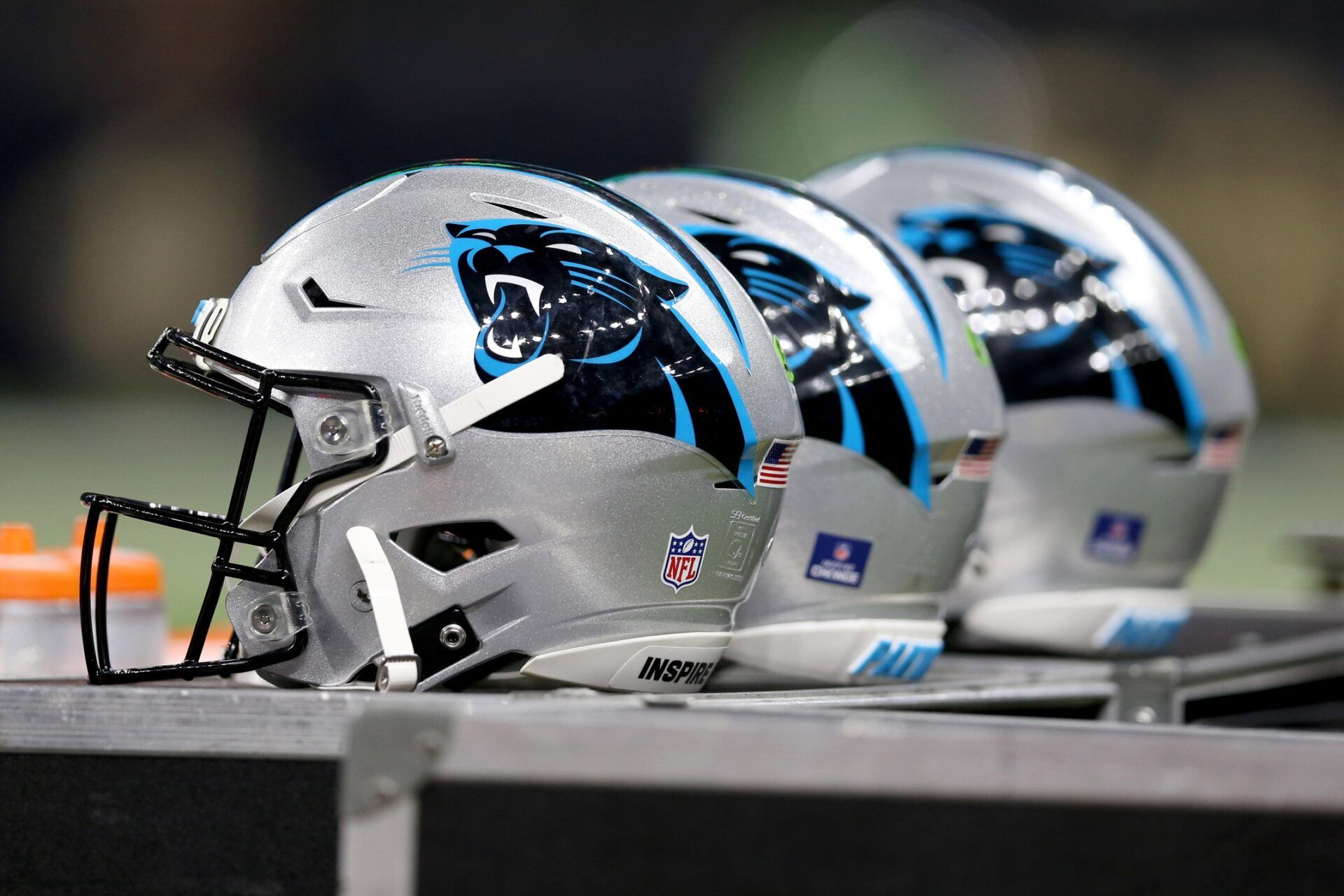Carolina Panthers helmets on the sidelines in the second quarter of their game against the Carolina Panthers at the Caesars Superdome.