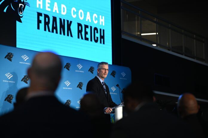 Carolina Panthers head coach Frank Reich speaks at his introductory press conference at Bank of America Stadium.