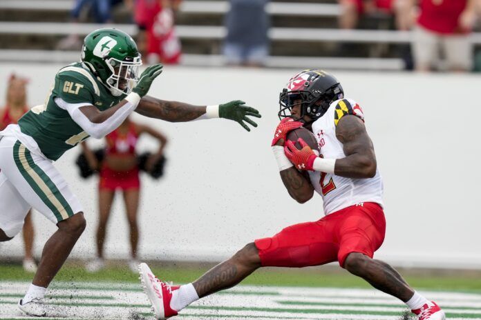 Maryland WR Jacob Copeland (2) makes a TD catch against Charlotte.