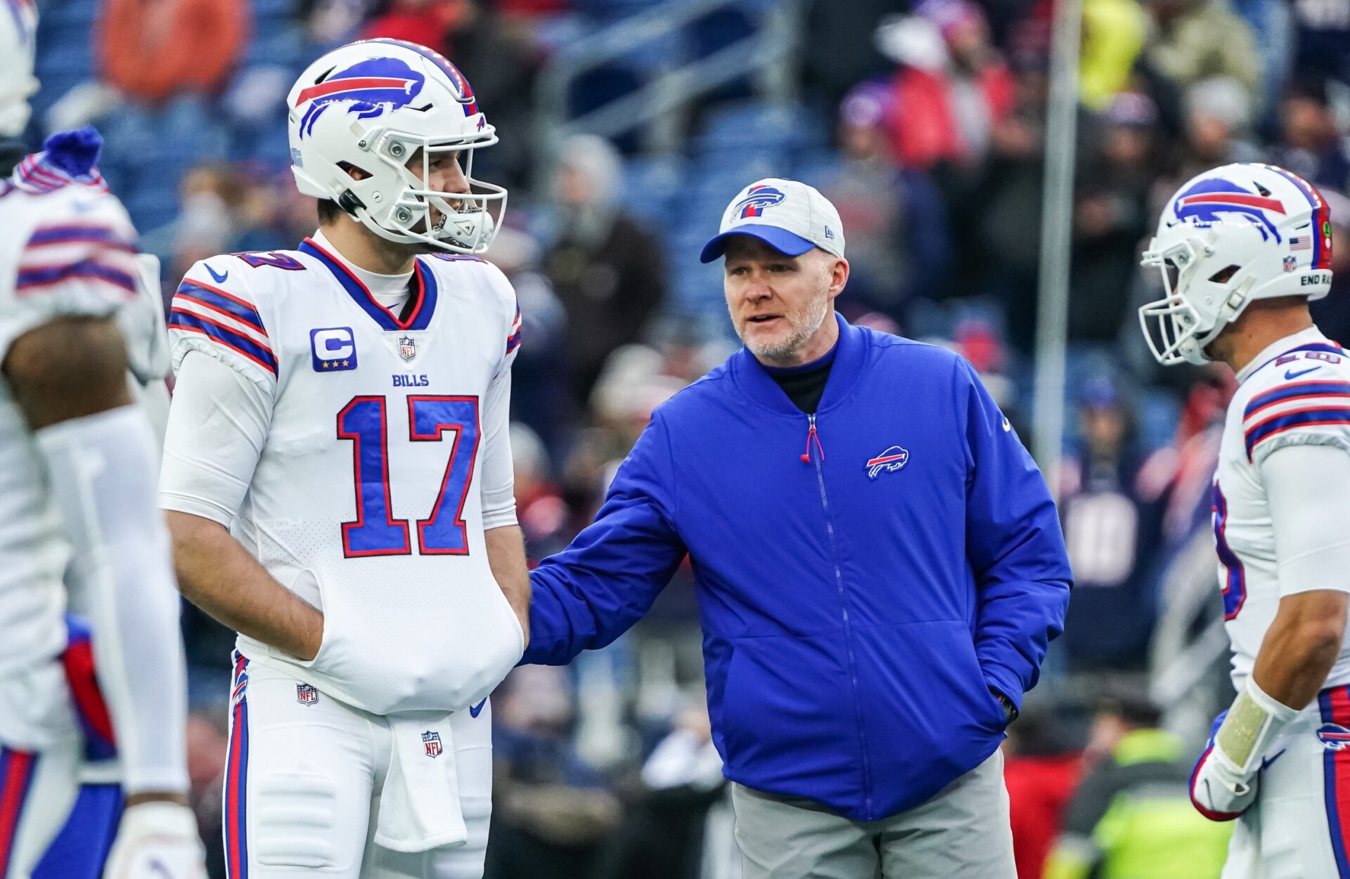 Buffalo Bills head coach Sean McDermott and QB Josh Allen (17) talk prior to a game.