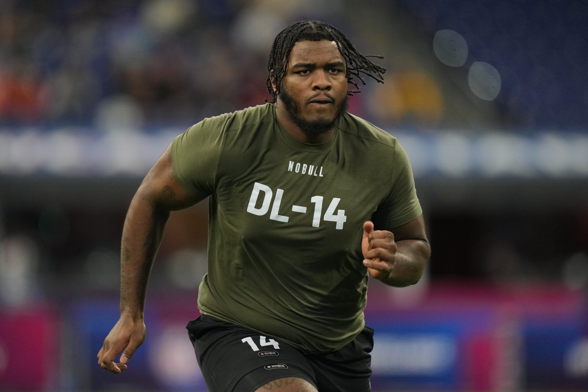 Jaquelin Roy (DL14) participates in the NFL Combine at Lucas Oil Stadium.