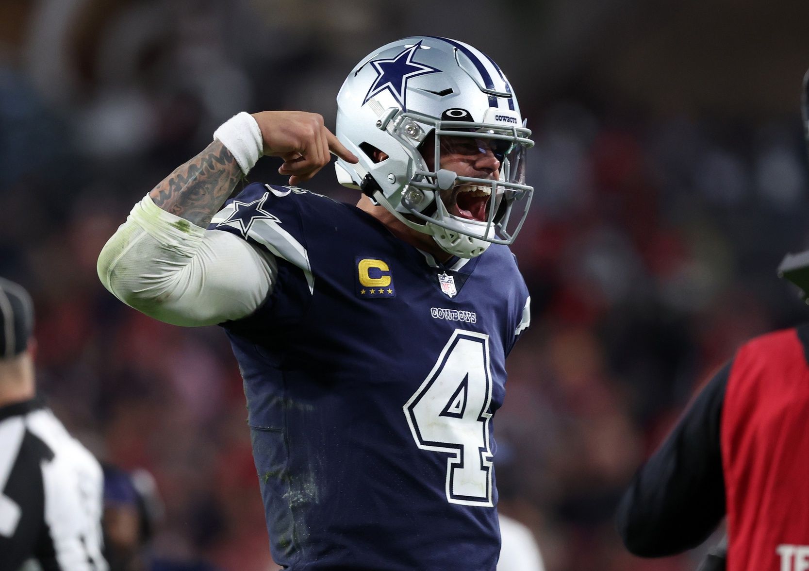 Dak Prescott reacts after throwing a touchdown pass against the Tampa Bay Buccaneers.