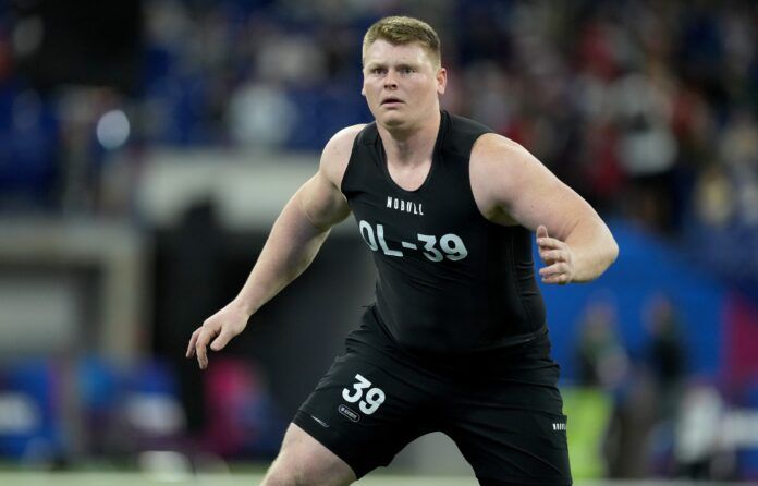 Minnesota OL John Michael Schmitz performs drills during the NFL Scouting Combine.