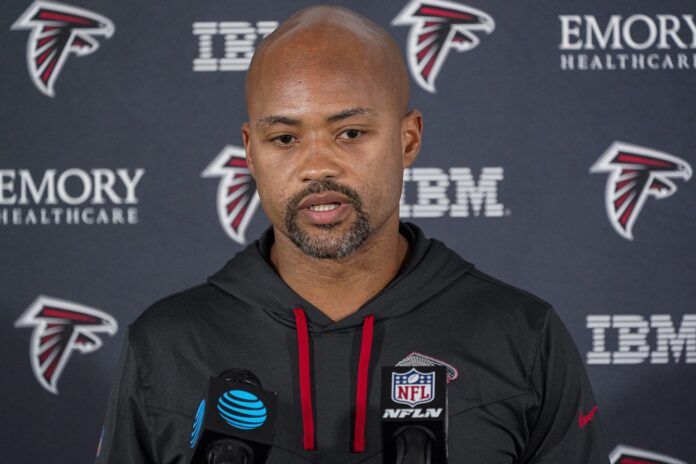 Atlanta Falcons GM Terry Fontenot speaks to the media during training camp.