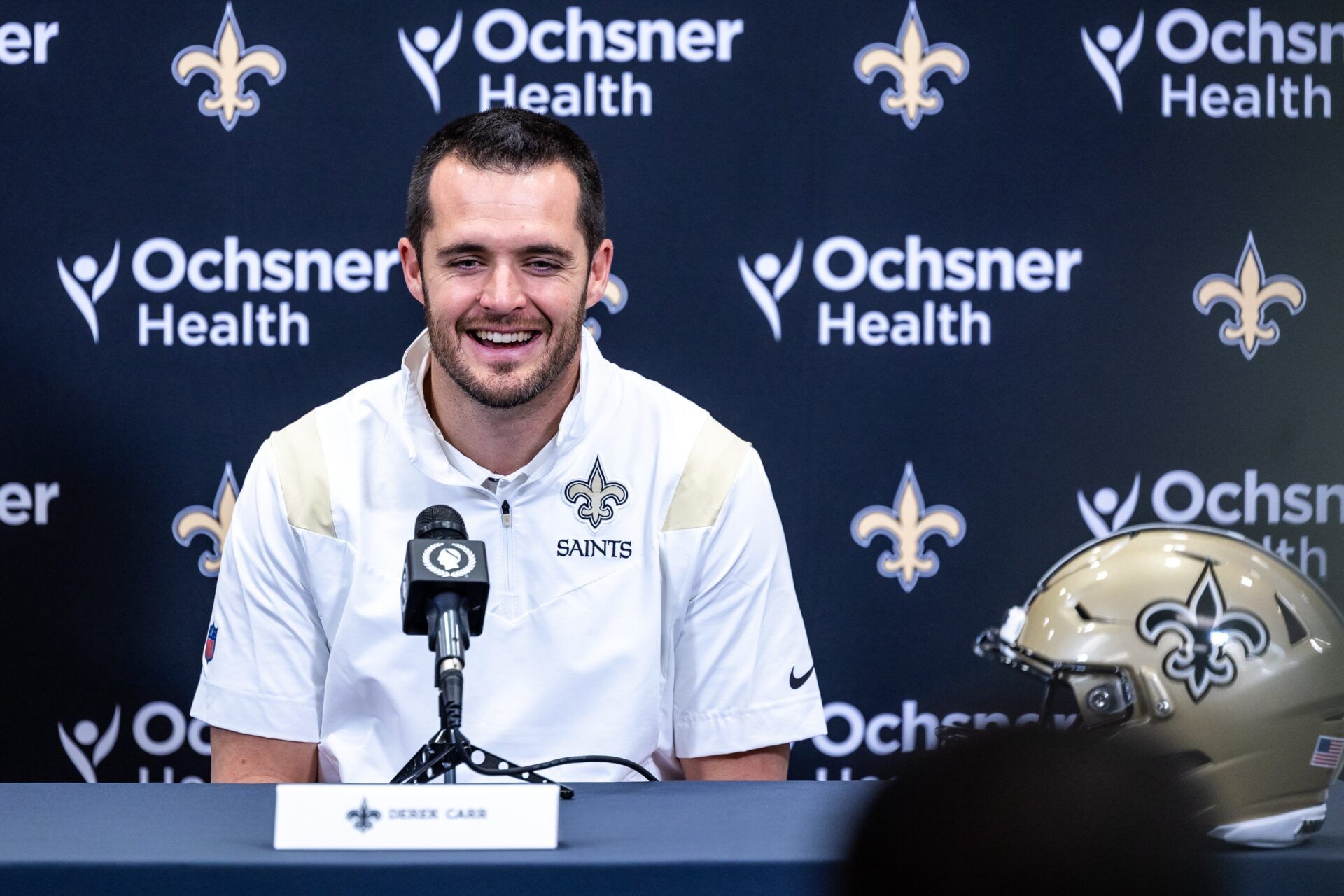 Derek Carr speaks at Ochsner Sports Performance Center.