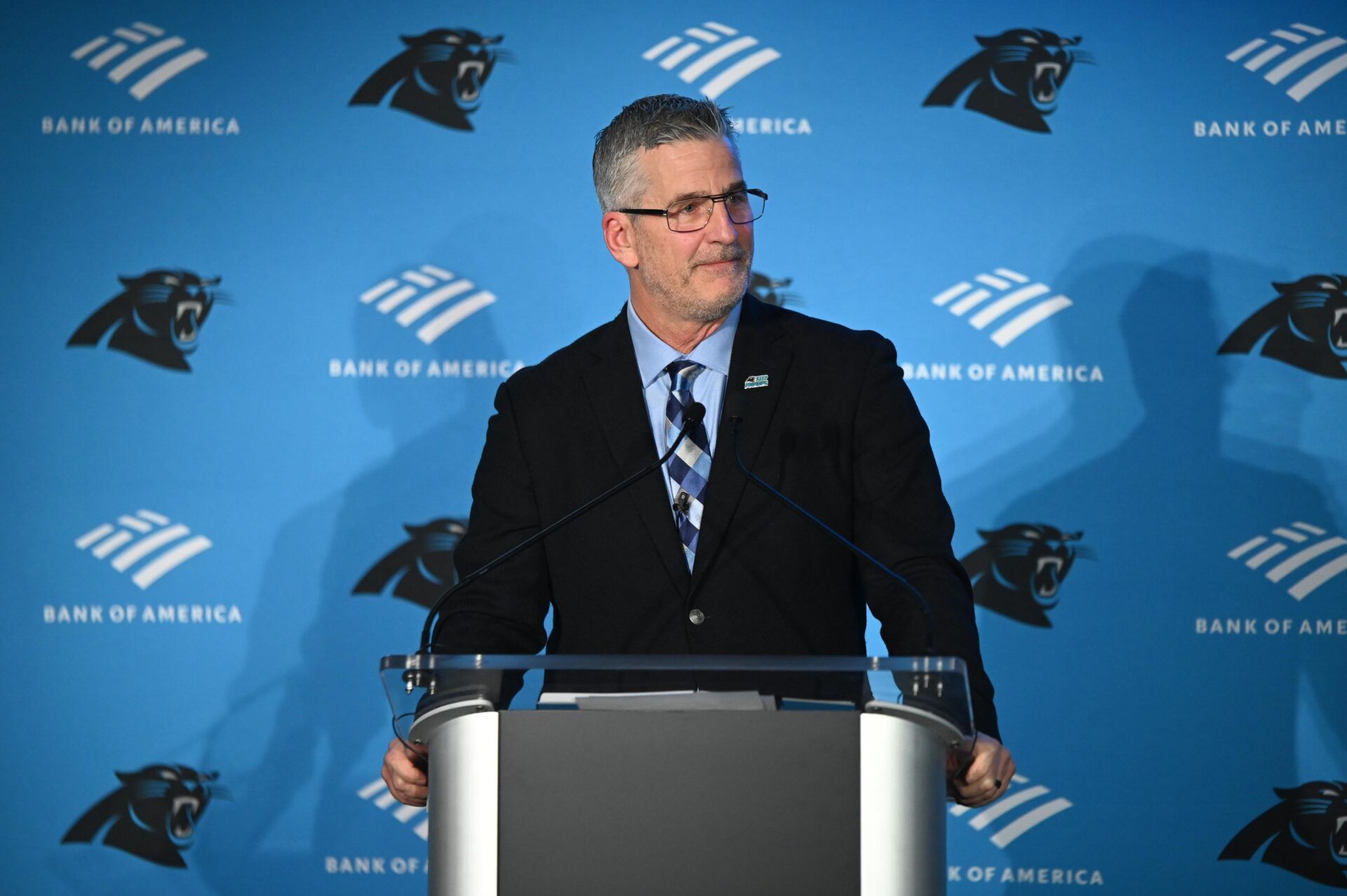 Frank Reich speaks at his introductory press conference at Bank of America Stadium.