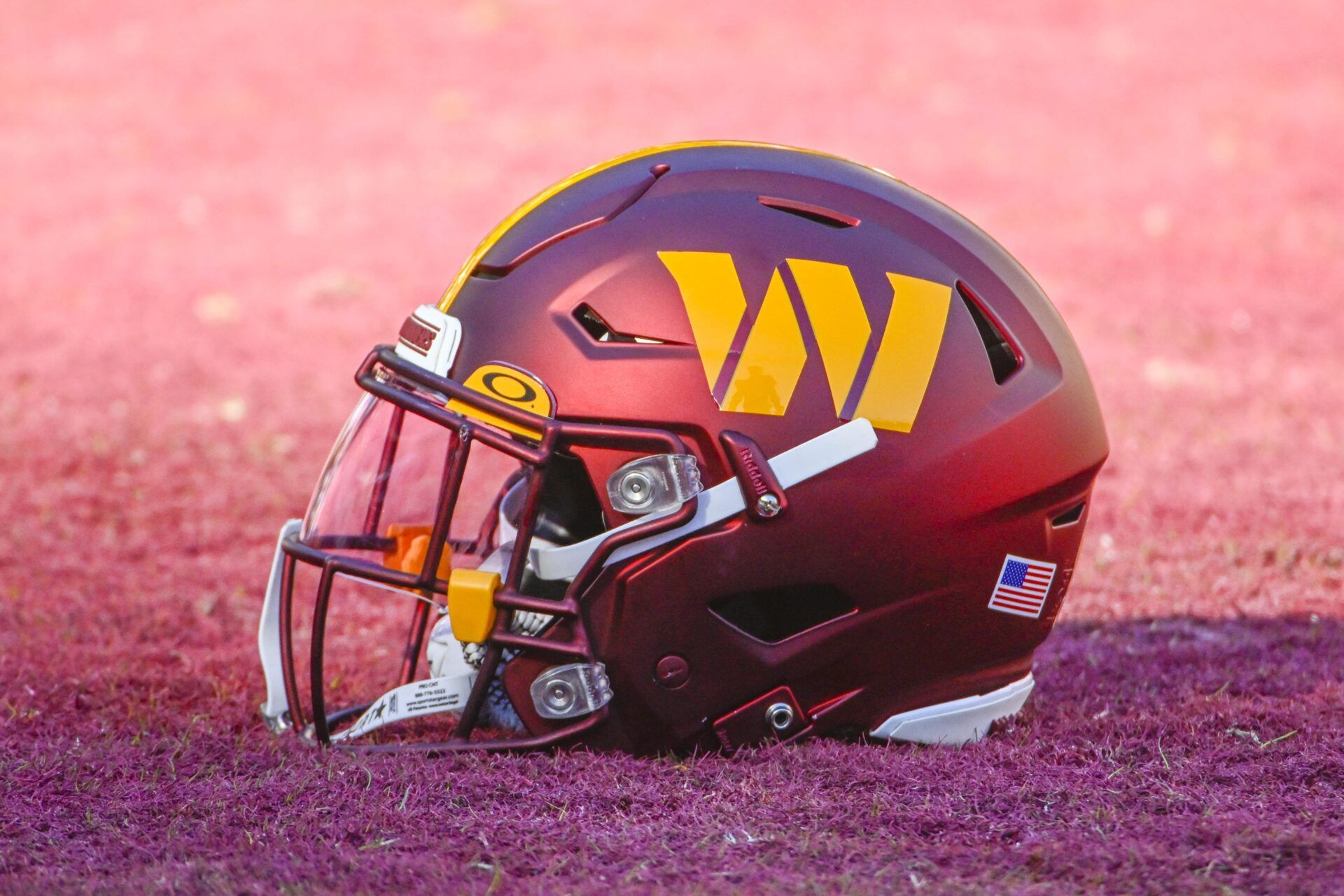 Washington Commanders helmet on the field before the game against the Cleveland Browns.