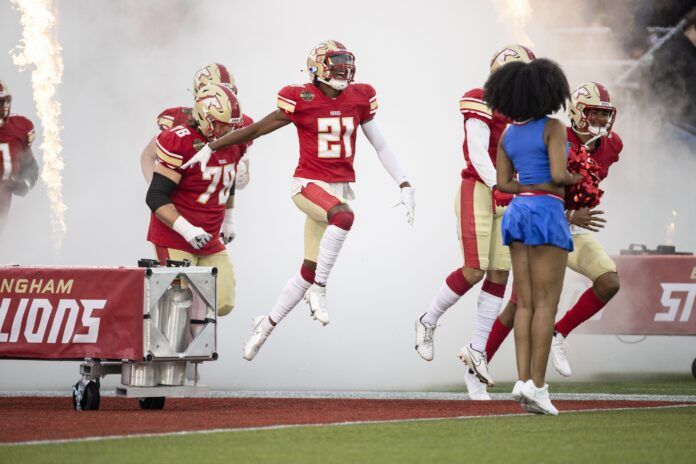 Bryan Mills leads the team onto the field for a game with the New Jersey Generals at Protective Stadium.