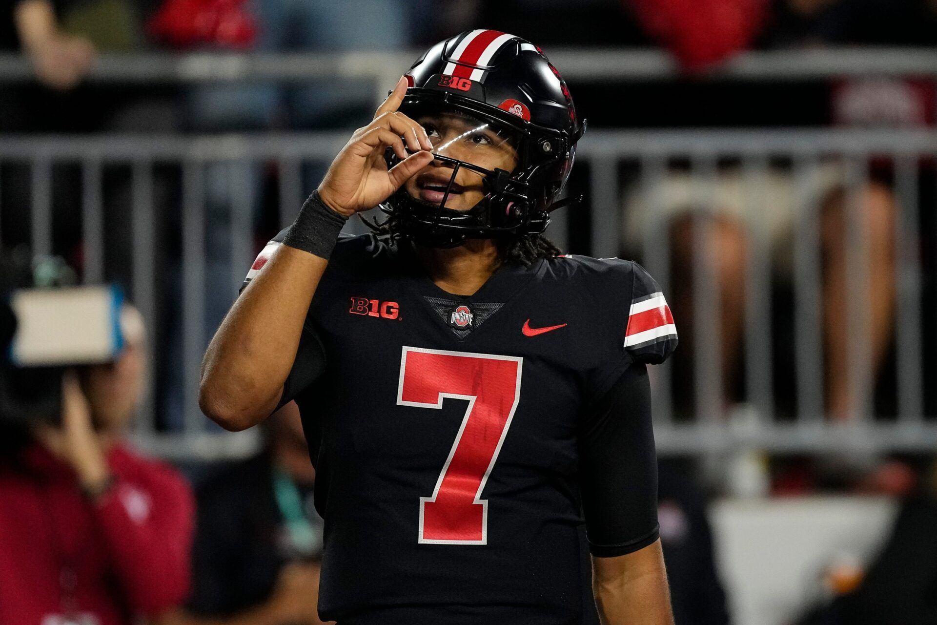 C.J. Stroud celebrates a touchdown during the first half of the NCAA Division I football game against the Wisconsin Badgers