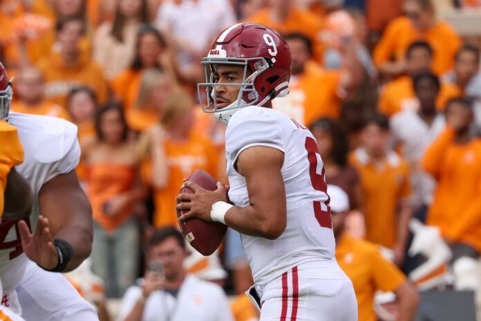 Alabama QB Bryce Young (9) looks to pass against Tennessee.