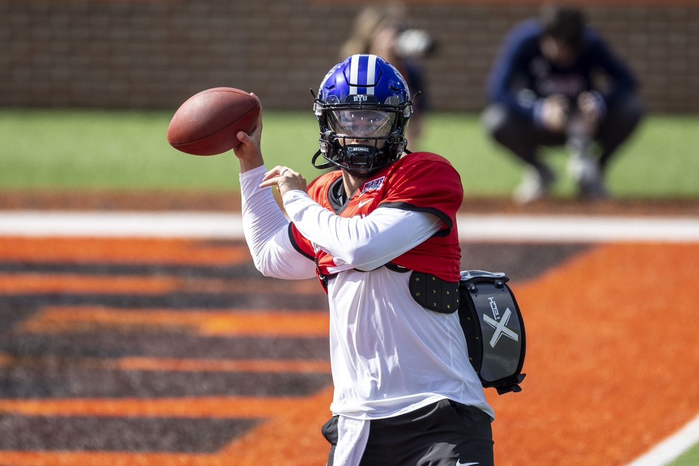 Jaren Hall of BYU practices during the first day of Senior Bowl week.