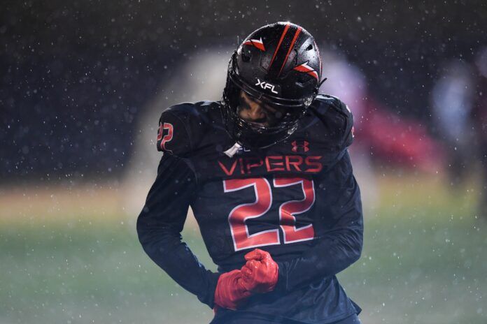 Vegas Vipers DB Adam Sparks (22) celebrates after making a play.