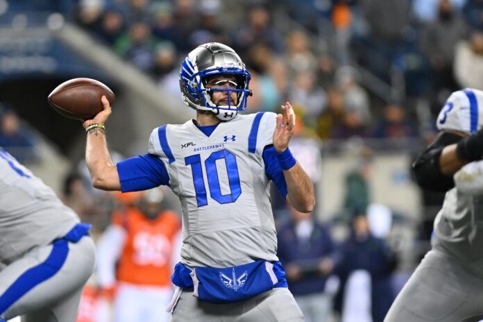 AJ McCarron passes the ball against the Seattle Sea Dragons.