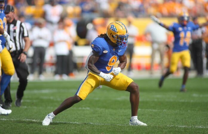 Brandon Hill of the Pittsburgh Panthers reacts after stopping the Tennessee Volunteers on fourth down.