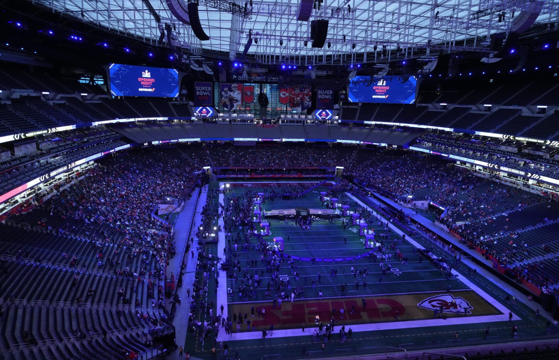 A general view of the field before Super Bowl LVIII Opening Night for the San Francisco 49ers and Kansas City Chiefs at Allegiant Stadium.