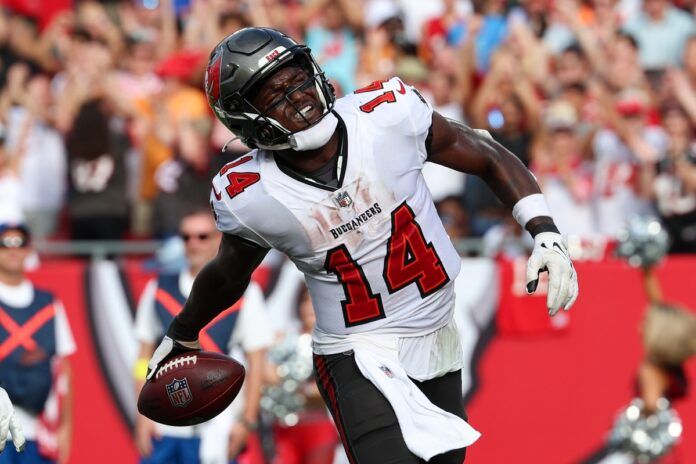 Chris Godwin (14) celebrates after a two point conversion against the Carolina Panthers in the fourth quarter at Raymond James Stadium.