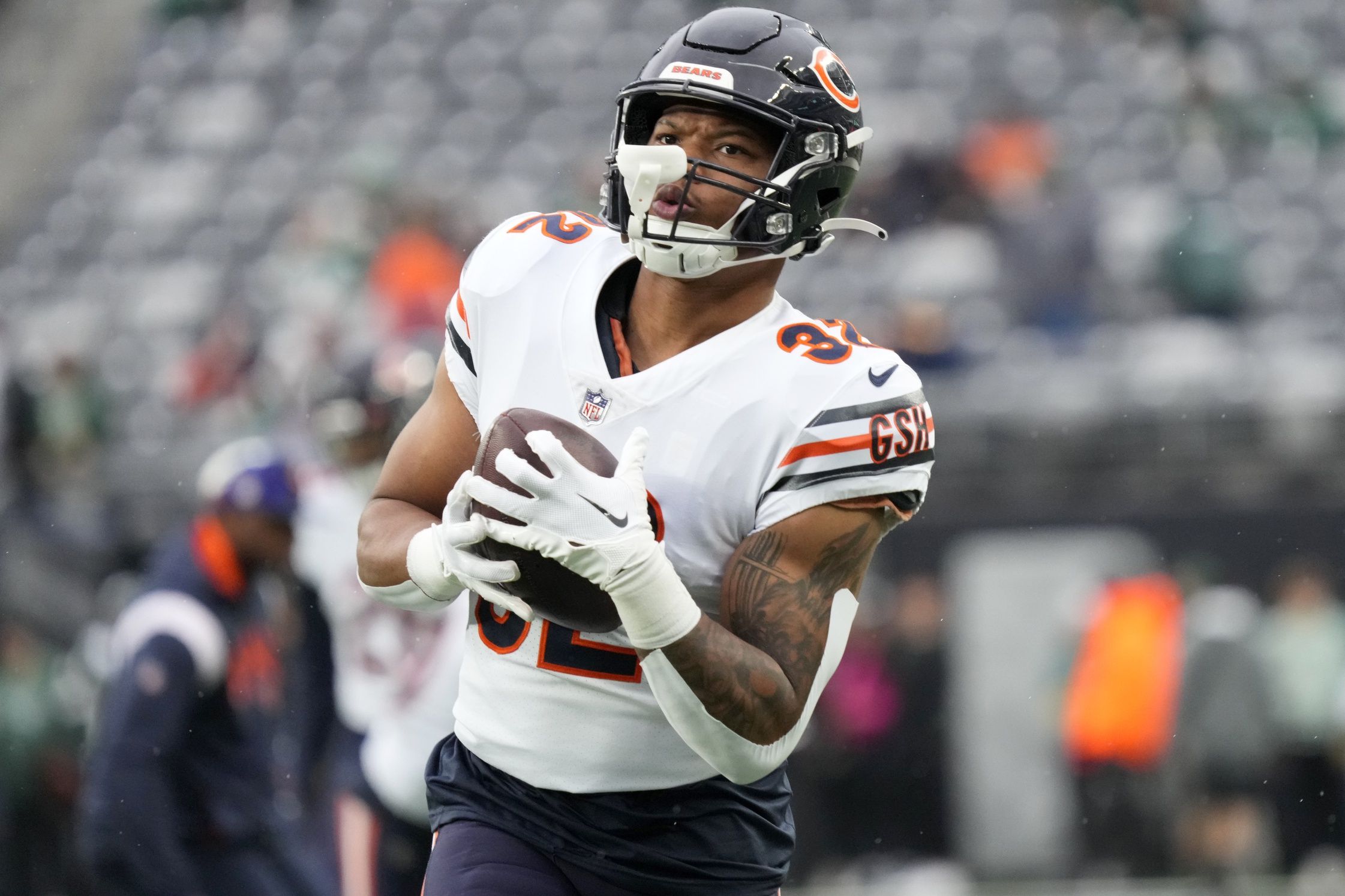 David Montgomery (32) gets ready for the game against the New York Jets at MetLife Stadium.