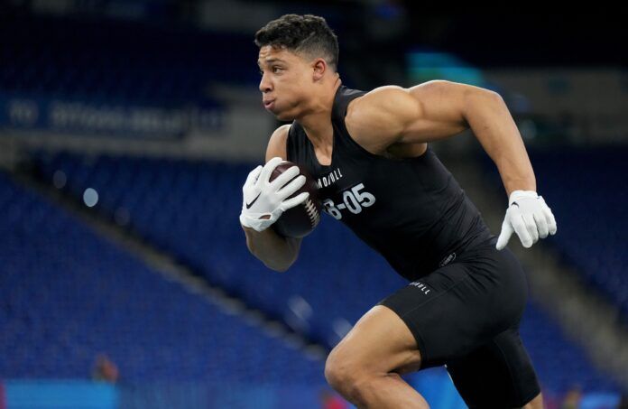 Zach Charbonnet (RB05) during the NFL Scouting Combine at Lucas Oil Stadium.