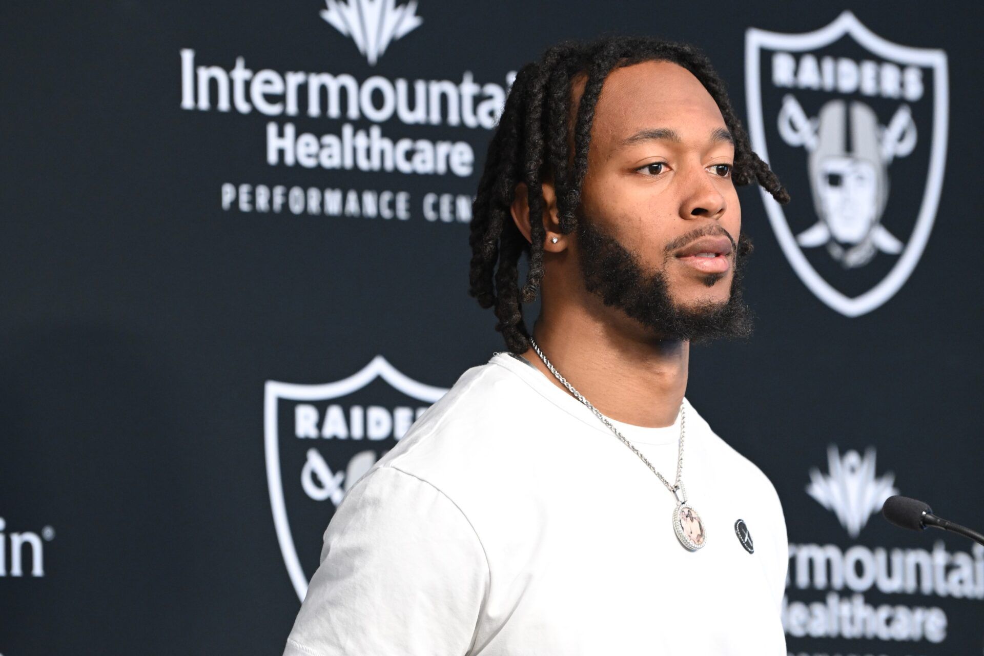 Jakobi Meyers speaks to the media at Intermountain Healthcare Performance Center.