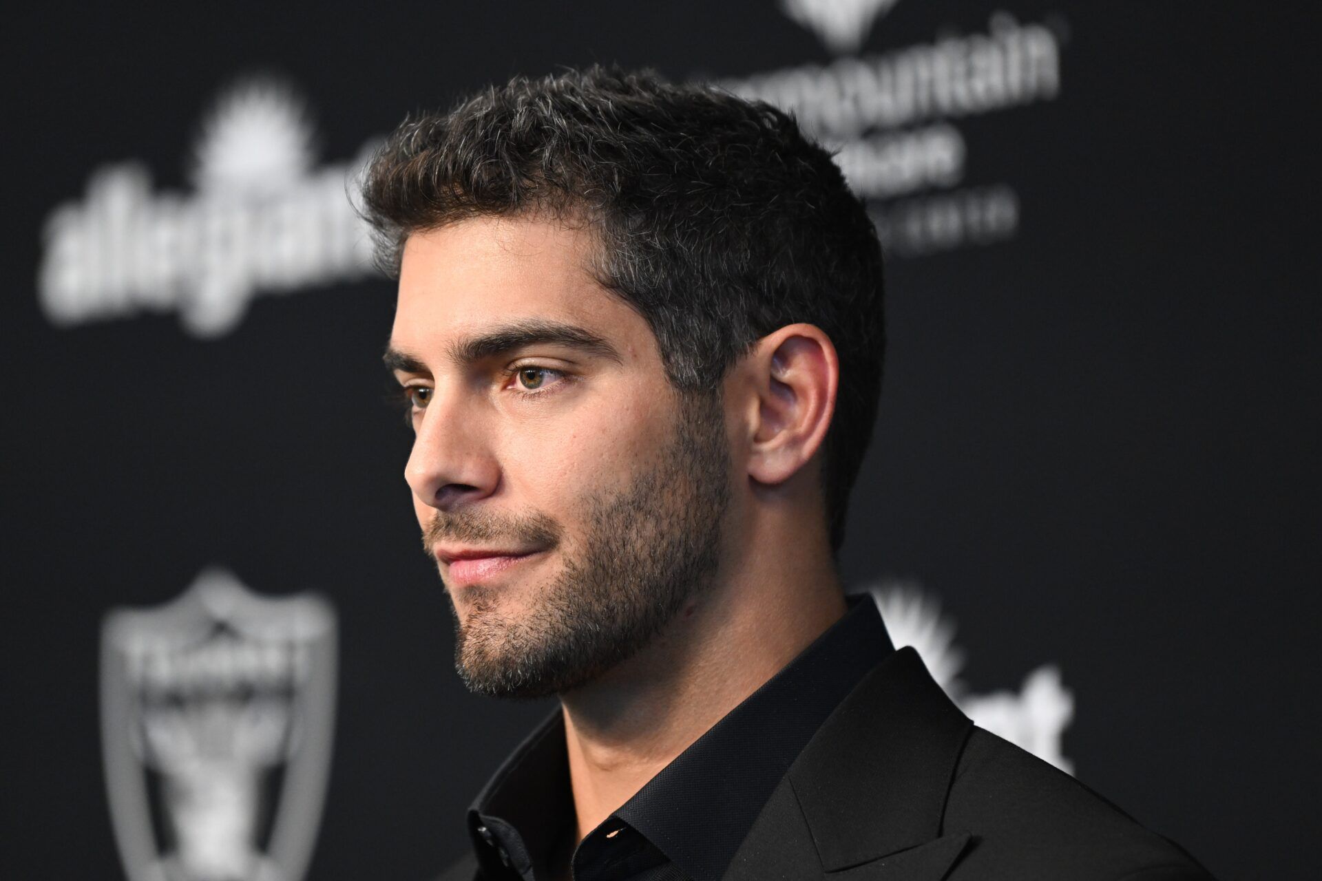 New Las Vegas Raiders quarterback Jimmy Garoppolo speaks to the media.