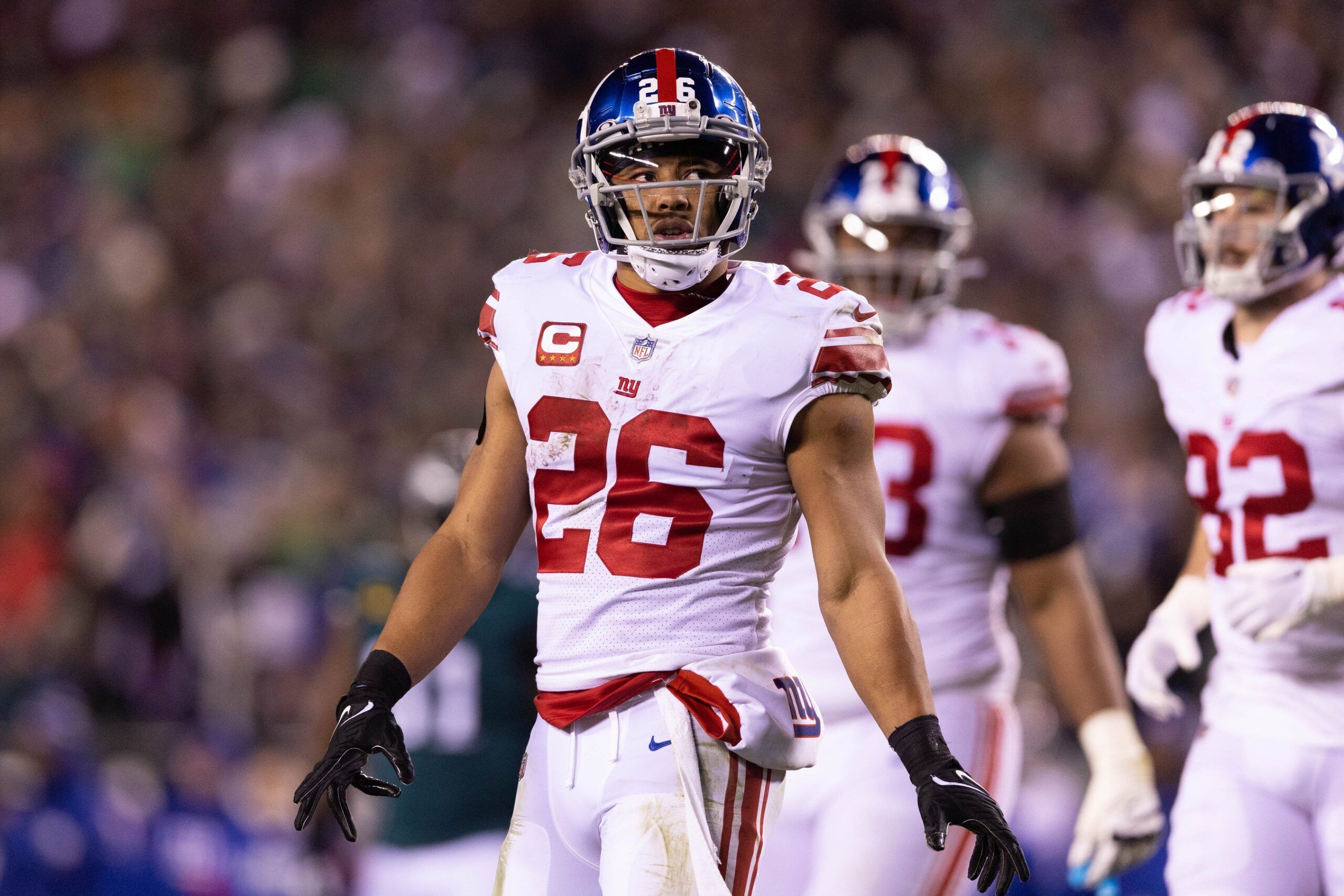 Saquon Barkley (26) looks on in the second half against the Philadelphia Eagles.