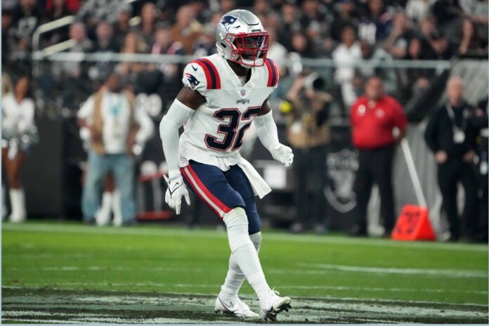 New England Patriots safety Devin McCourty (32) against the Las Vegas Raiders in the second half at Allegiant Stadium.