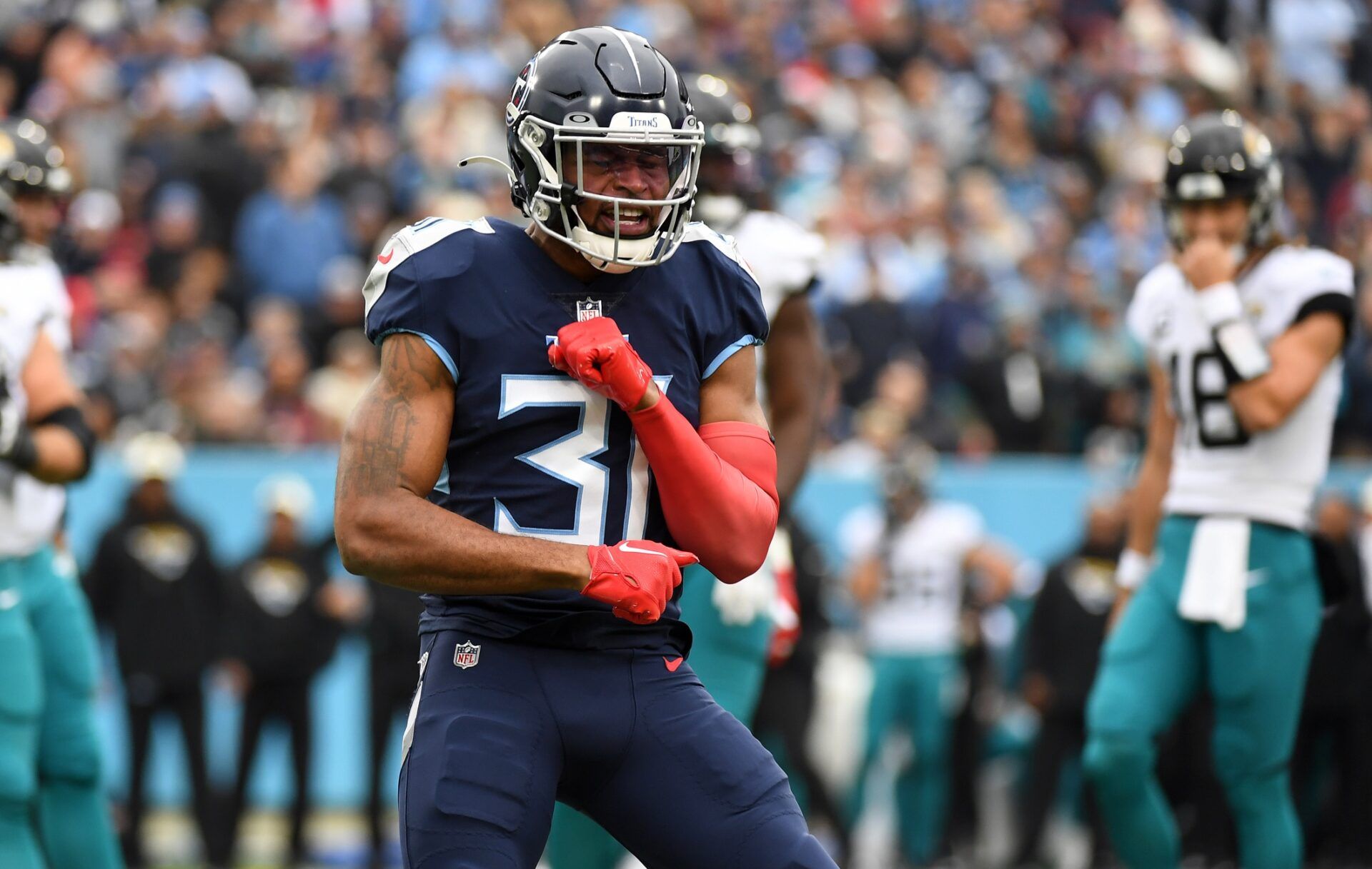 Kevin Byard (31) celebrates after a defensive stop during the first half against the Jacksonville Jaguars.