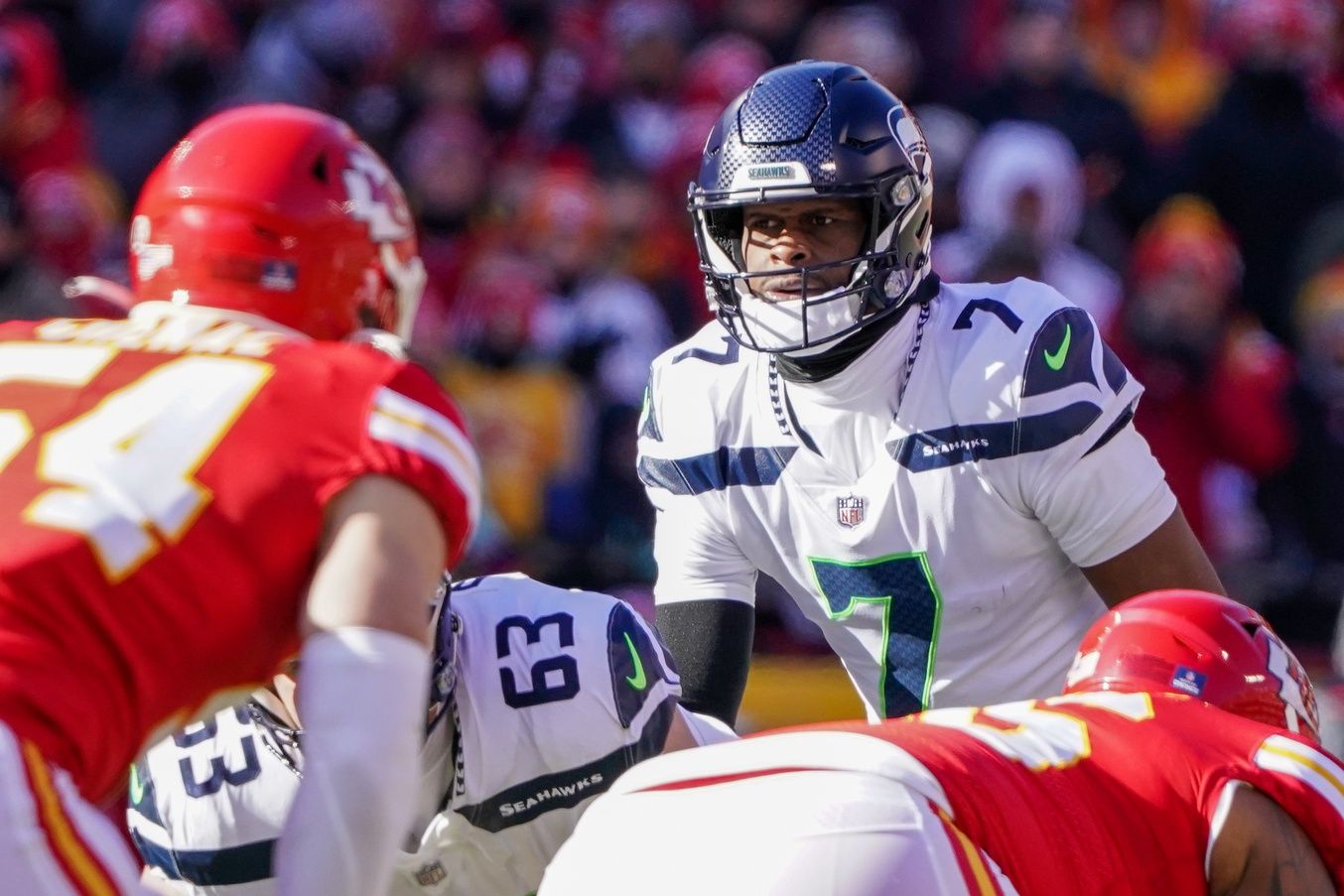 Seattle Seahawks QB Geno Smith (7) before the snap against the Kansas City Chiefs.