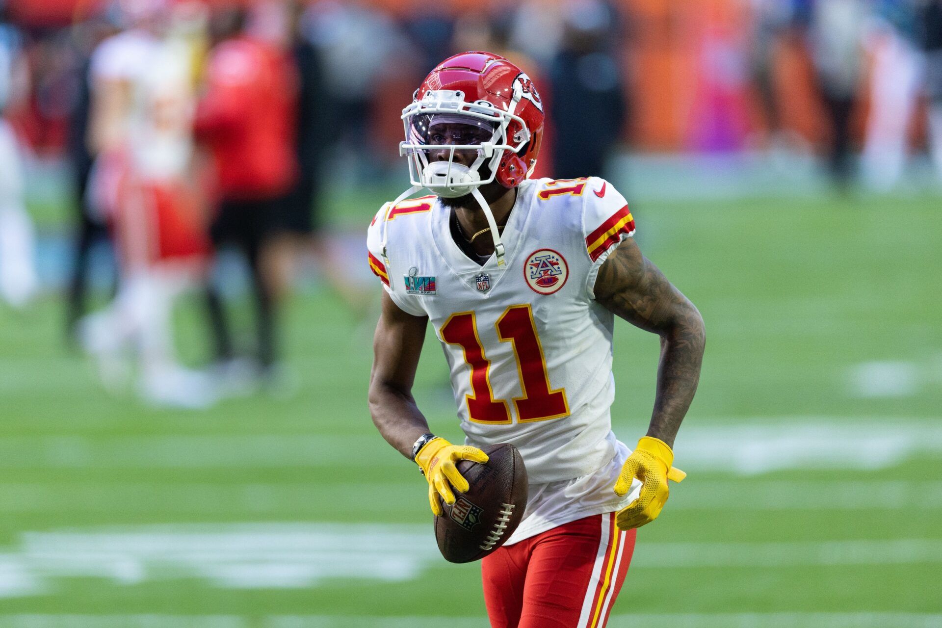 Kansas City Chiefs WR Marquez Valdes-Scantling (11) warms up before Super Bowl 57 against the Eagles.