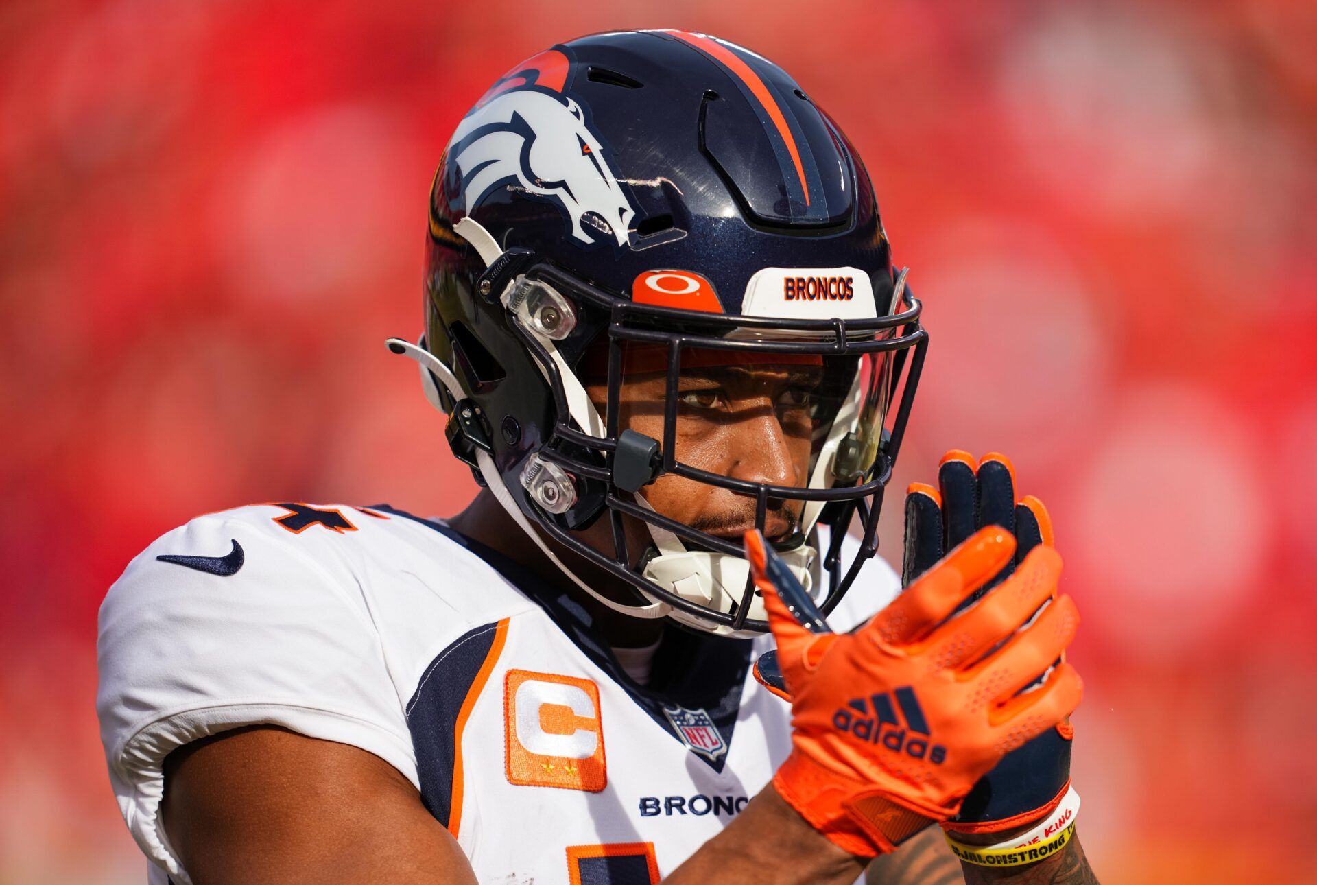 Denver Broncos wide receiver Courtland Sutton (14) warms up prior to a game against the Kansas City Chiefs at GEHA Field at Arrowhead Stadium.