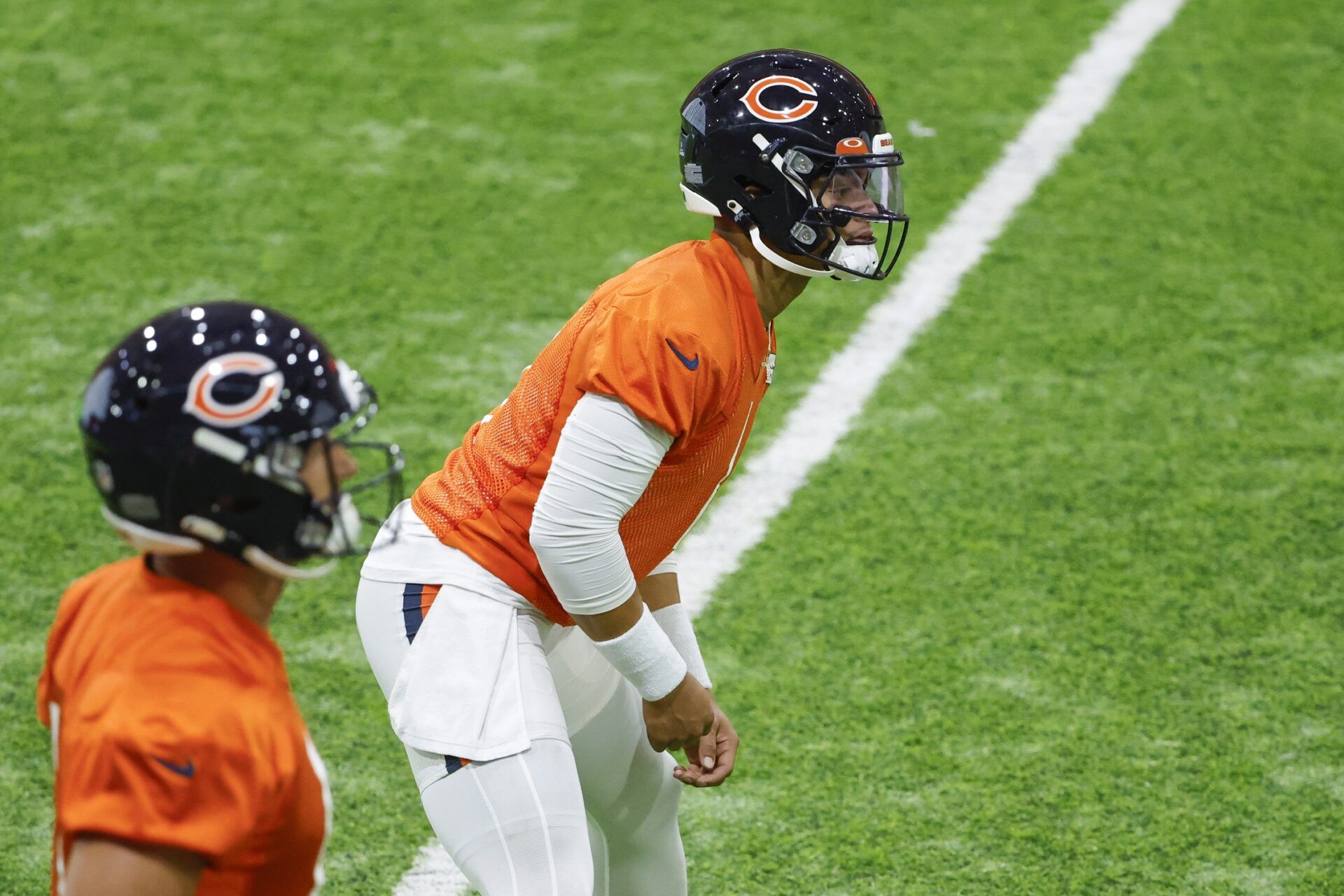 Chicago Bears QB Justin Fields during drills at the Bears' OTAs in 2022.