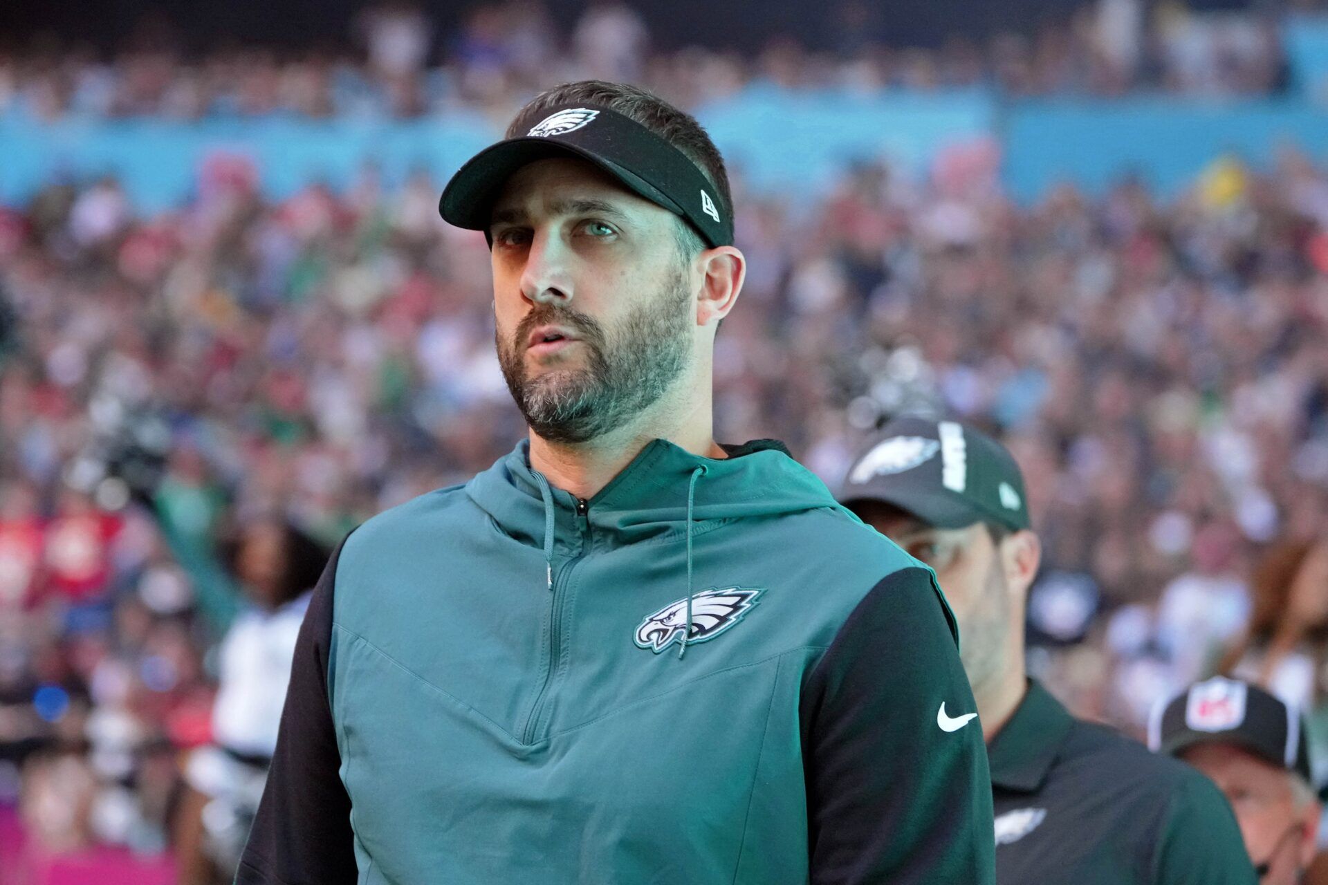 Philadelphia Eagles head coach Nick Sirianni walks on the field before Super Bowl LVII.