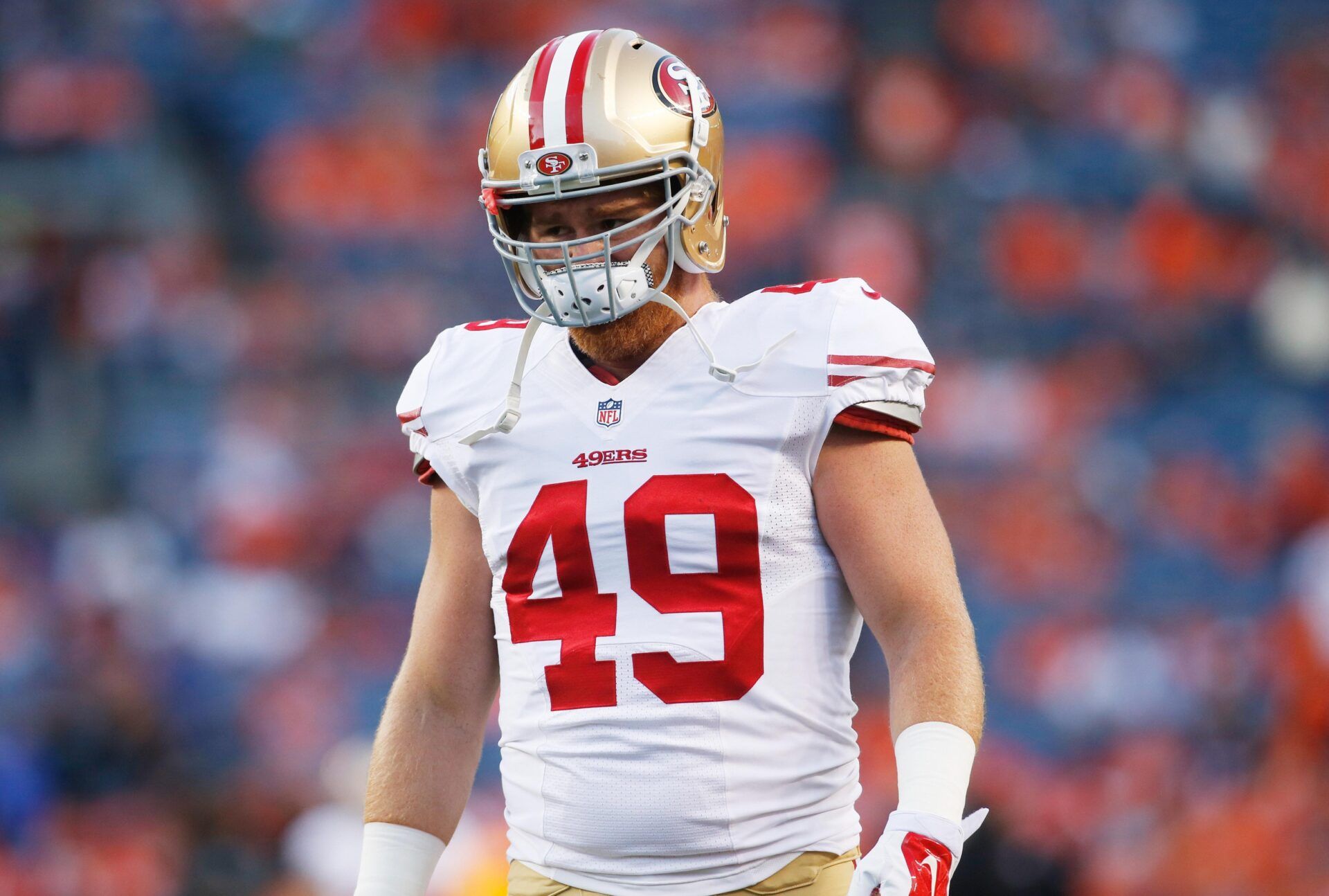San Francisco 49ers fullback Bruce Miller (49) before the game against the Denver Broncos.
